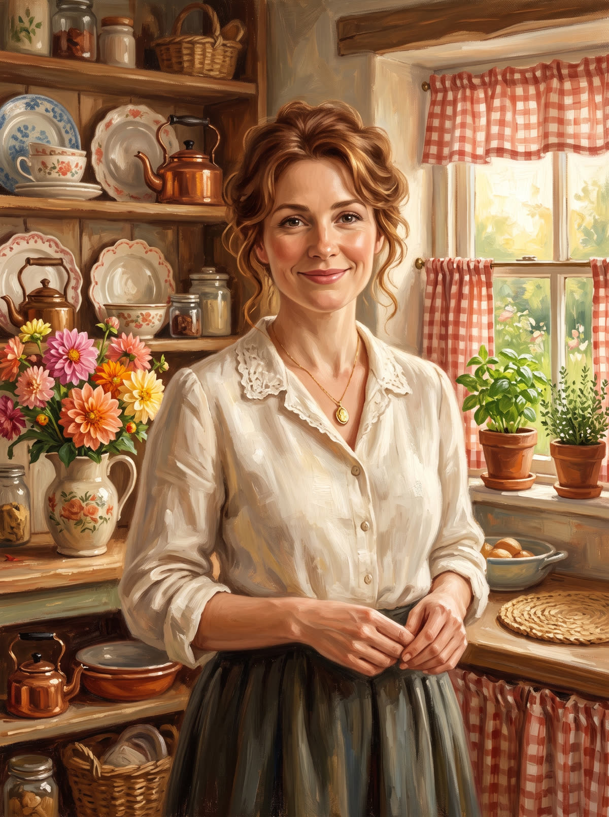 Illustrated oil-painting style portrait of Orla, the Orla Loom brand character, standing in her cottagecore kitchen